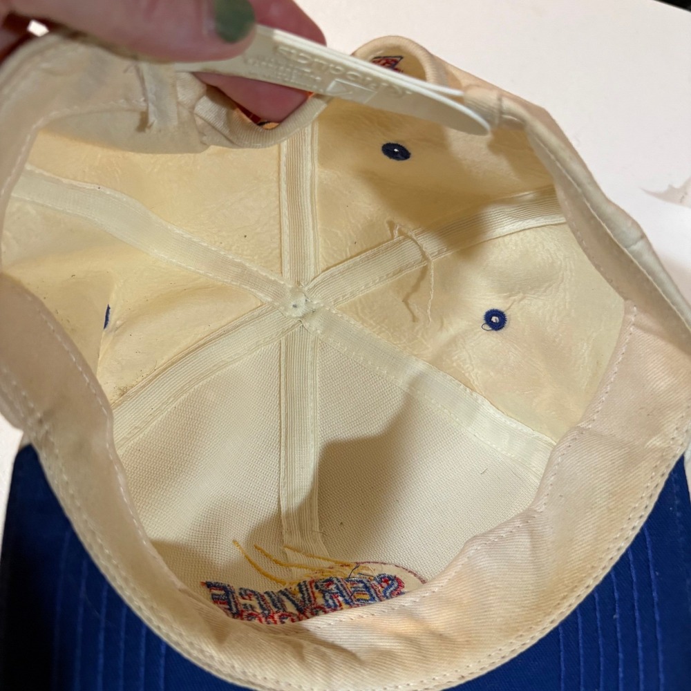 Vintage Service 2000 Watkins Snapback Hat Cream Blue Two Tone Trucker Cap 90s - Picture 4 of 5